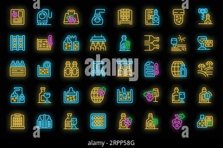 Wine production icons set outline vector. Winery industry. Fruit shape neon color on black Stock Vector