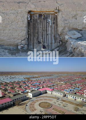 200311 -- GULANG, March 11, 2020 -- Combination photo shows the old appearance of Zhongtuan Village in Gulang County, on Feb. 18, 2017 up and the new village in Huanghuatan ecological migration area in Gulang County, on March 10, 2020 down, in northwest China s Gansu Province. Gulang County, located at the foot of Qilian Mountains, is a poverty-stricken area. Since 2013, the local government has moved dozens of administrative villages in the southern poor mountains to Huanghuatan ecological migration area through the implementation of the planned relocations of poor populations from inhospitab Stock Photo