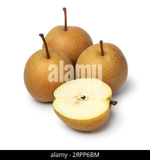 Heap of whole and half fresh chinese pears isolated on white background close up Stock Photo