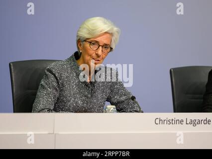 200312 -- FRANKFURT, March 12, 2020 Xinhua -- European Central Bank ECB President Christine Lagarde speaks at a press conference at the ECB headquarters in Frankfurt, Germany, March 12, 2020. The European Central Bank ECB on Thursday decided to leave key interest rates unchanged but rolled out a comprehensive package of monetary policy measures to ensure liquidity support amid COVID-19 concerns. ECB/Handout via Xinhua FOR EDITORIAL USE ONLY. NOT FOR SALE FOR MARKETING OR ADVERTISING CAMPAIGNS. GERMANY-FRANKFURT-ECB-PRESS CONFERENCE-MONETARY POLICY-COVID-19 PUBLICATIONxNOTxINxCHN Stock Photo