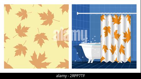 Bathroom interior with bathtub and curtain decorated autumn maple dried herbarium leaves seamless pattern. Vector illustration, ornament for design of Stock Vector