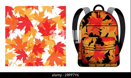 Children school backpack decorated autumn maple dried herbarium leaves seamless pattern. Floral ornate. Vector ornament for design of posters and prin Stock Vector