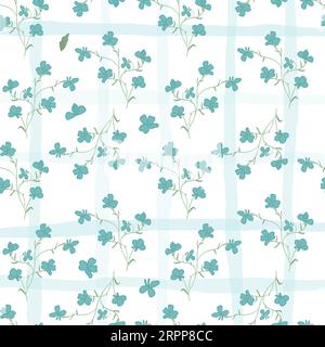 Blue garden flowers wildflowers Plaid seamless Pattern. Cottagecore Chintz Floral cute Background. Gingham repeated floral design best for wallpaper a Stock Vector
