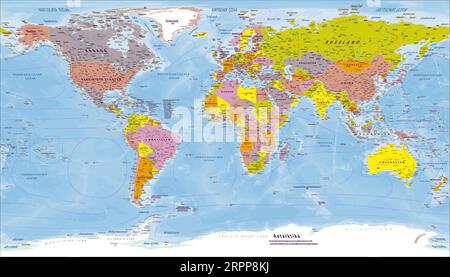 Political world map German language Patterson projection Stock Vector