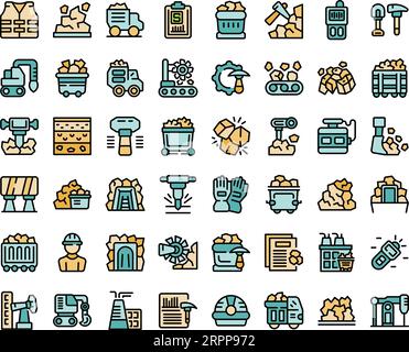 Coal mining icons set outline vector. Industry mine. Factory plant thin line color flat on white Stock Vector
