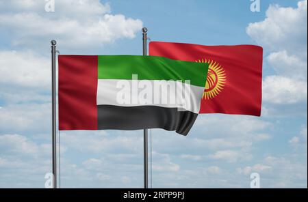 Kyrgyzstan flag and  United Arab Emirates, UAE flag waving together on blue sky, two country cooperation concept Stock Photo
