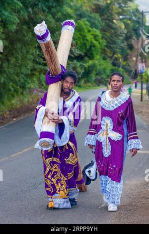 Panama,Portobelo. The Black Christ Festival on Oktober 21, brings pilgrims from all over the country to celebrate in honor of Jesus. Many wearing purp Stock Photo