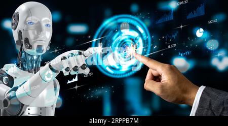 Business 3D rendering artificial intelligence AI robot dashboard Big data diagram graph virtual screen. economic analysis and investment finance and m Stock Photo