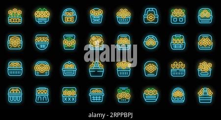 Flower basket icons set outline vector. Nature bunch. Spring floral neon color on black Stock Vector