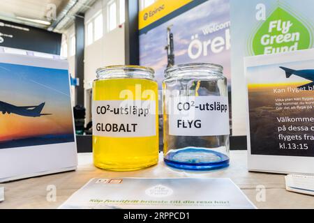 Signs about co2 emissions, Örebro airport, Örebro, Sweden. Stock Photo