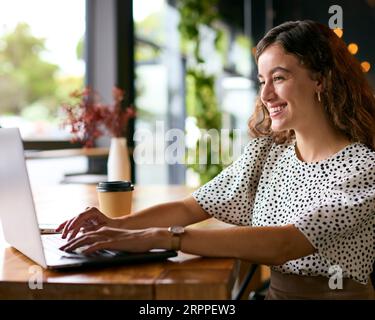 Young Businesswoman With Takeaway Coffee Working Sitting On Laptop In Coffee Shop Or Office Stock Photo