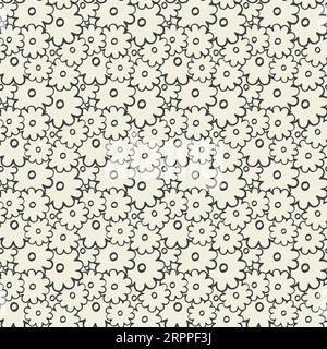 Chamomile floral seamless pattern. Doodle hand drawn cartoon graphic daisy flowers. Cute simple design. Black and white cream background Stock Vector