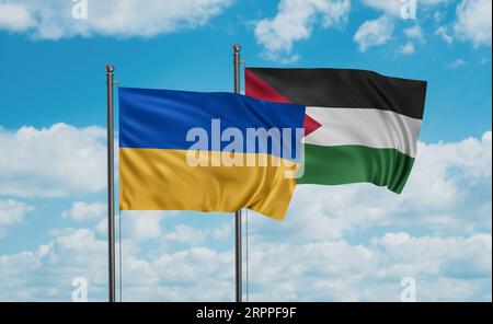 Palestine and Gaza Strip flag and Ukraine flag waving together on blue sky Stock Photo