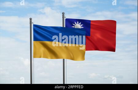 Taiwan and Ukraine flag waving together in the wind on blue sky, two country cooperation concept Stock Photo