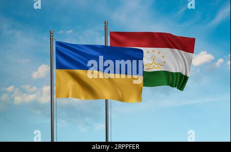 Tajikistan and Ukraine flag waving together in the wind on blue sky, two country cooperation concept Stock Photo