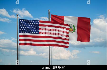 USA and Peru flag waving together in the wind on blue sky, two country ...