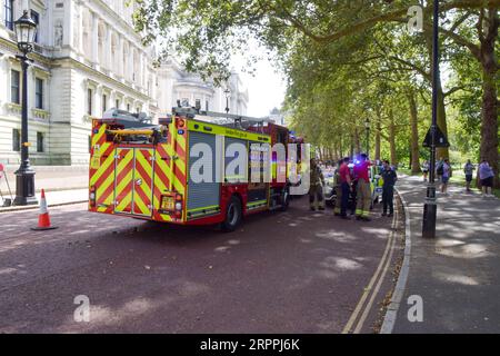 London, UK. 5th September 2023. Firefighters and police arrive at the scene after a fire broke out in a structure which serves to shelter insects in St James's Park near the back of Downing Street. A person was detained for suspected arson. Credit: Vuk Valcic/Alamy Live News Stock Photo