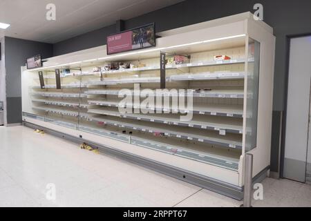 200321 -- LONDON, March 21, 2020 Xinhua -- Photo taken on March 21, 2020 shows almost-empty shelves of a supermarket in London, Britain. As of 9a.m. 0900GMT on Saturday, 72,818 people have been tested in Britain, of which 67,800 were confirmed negative and 5,018 were confirmed positive. 233 patients in the country who tested positive for the virus have died. Xinhua BRITAIN-LONDON-COVID-19 PUBLICATIONxNOTxINxCHN Stock Photo