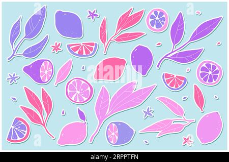 Lemon sticker set. Hand-drawn pink lemons on blue background. Slice, halves, whole fruit, leaves, flowers, seeds. Cartoon citrus tropical collection. Stock Vector