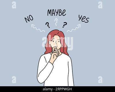 Thinking woman makes difficult solution and reflects on problem that has arisen, standing near words yes and no. Embarrassed girl is stressed because of need to make choice and find solution Stock Vector