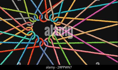 Love and Unity partnership as ropes shaped as a heart in a group of diverse strings connected together shaped as a support symbol expressing Stock Photo