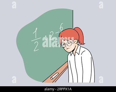 Schoolgirl standing near chalkboard gets, upset because doesnt know solution of mathematical example and needs help of tutor. Girl is having trouble getting elementary school mathematical education Stock Vector