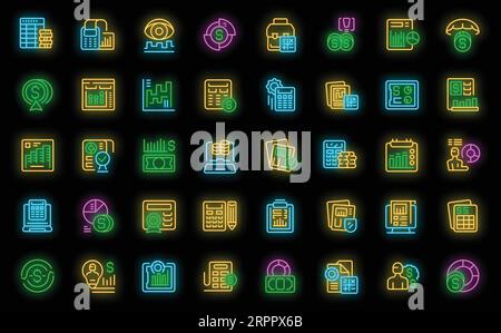 Accounts manager icons set outline vector. Financial money. Control account neon color on black Stock Vector