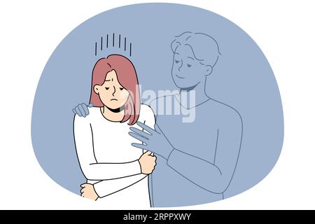Invisible man hugging upset lonely woman missing love or relationships. Sad girl with male lover silhouette. Loneliness and breakup concept. Vector illustration. Stock Vector