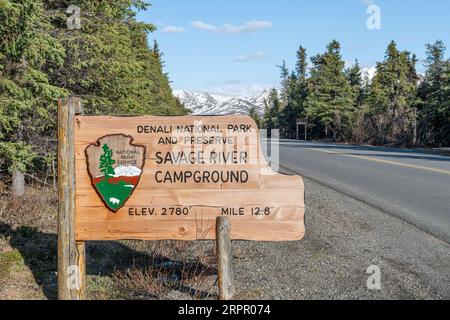 Savage River Campground sign in Denali National Park, Alaska, USA Stock Photo