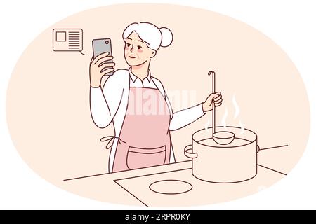 Elderly woman cooking soup at kitchen with online recipe on cellphone. Smiling modern old grandmother preparing food using cookbook or application on mobile. Vector illustration. Stock Vector