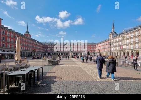 Madrid, Spain - September 5, 2023: Plaza Mayor in Madrid, with bars closed and people walking. Stock Photo
