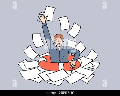 Business man with lifeline is drowning in paperwork, suffering from burnout-causing bureaucracy. Corporate manager guy needs help with digitalization and getting rid of bureaucracy. Stock Vector