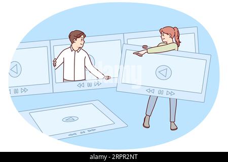People editing video file together. Team of editors creating movie with huge shots. Teamwork and filmmaking. Vector illustration. Stock Vector