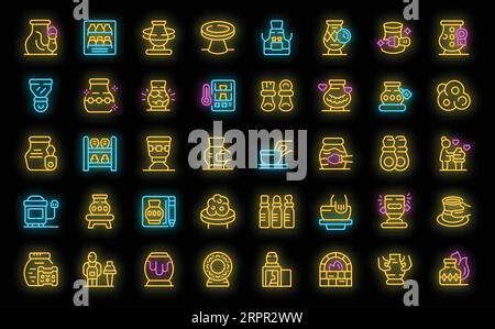 Pottery lessons icons set outline vector. Woman people. Hobby work neon color on black Stock Vector