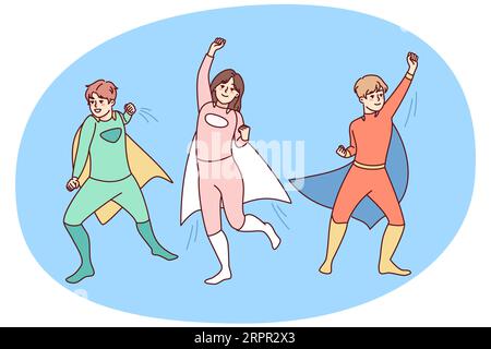 Happy children in superheroes costumer playing together outside. Smiling kids in hero suits enjoy masquerade or carnival. Childhood. Vector illustration. Stock Vector