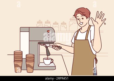 Man barista waves hand and prepares delicious cappuccino for coffeeshop visitors, stands near bar counter. Barista guy enjoys interacting with customers and says welcome to new coffee buyers Stock Vector