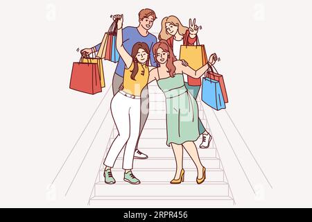Group of shopaholics, mall buyers with multi-colored paper bags are standing on stairs, rejoicing at big discounts. Men and women shopaholics go to boutiques together and buy fashionable clothes Stock Vector