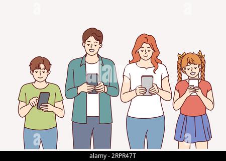 Enthusiastic family with mobile phones in hands stand in row and refuse real communication. Introverted family uses smartphones, for concept of digitalization of society and dependence on gadgets Stock Vector