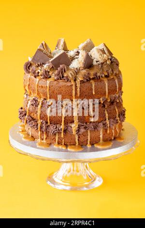 A homemade show stopper three tiered Millionaires cake decorated with chocolate buttercream and miniature Millionaire shortbreads and dripped caramel Stock Photo