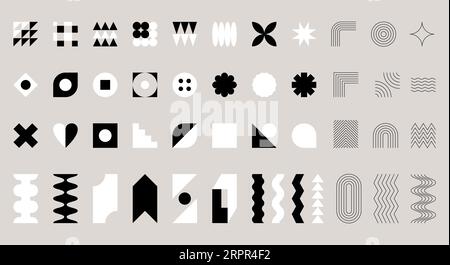 Geometric shapes collection. Brutalism, Swiss minimalism, Bauhaus style. Simple flat and outline design elements. Black and white monochrome vector ob Stock Vector