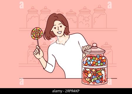 Woman buys lollipops standing at counter in sweet treat store offering delicious candies to improve mood. Smiling girl holding lollipops, working in children candy store or supermarket Stock Vector