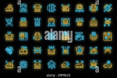 Artificial intelligence in transport icons set outline vector. Digital car. City road neon color on black Stock Vector