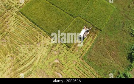 200327 -- NANNING, March 27, 2020 -- Aerial photo taken on July 6, 2016 shows a harvester working at a paddy field in Shanglin County of Nanning, capital of south China s Guangxi Zhuang Autonomous Region. Guangxi Zhuang Autonomous region, heavily inhabited by China s most populous ethnic minority Zhuang and many other minority groups, has long been plagued by poverty. It has been a major front in China s anti-poverty campaign that aims to eradicate absolute poverty by 2020. The region has made significant progress in poverty alleviation and rural revitalization. Statistics from the regional po Stock Photo