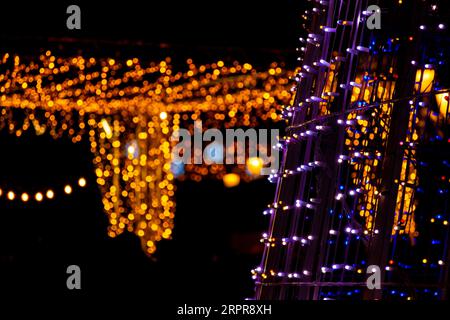 Christmas luminous decoration with various shapes made with colored LED bulbs, at night Stock Photo
