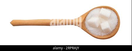 Sugar in a wooden spoon on a white background. View from above. sugar cubes Stock Photo