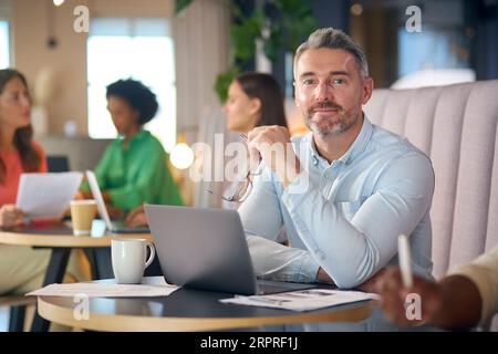 Portrait Of Mature Businessman Working On Laptop In Informal Seating Area Of Modern Office Stock Photo