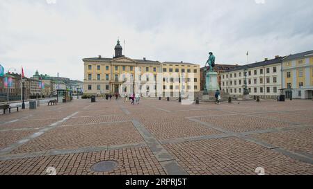 Sweden, Gothenburg - July 05, 2023: Gustaf Adolf's square with Gustav II Adolf statue and the Town Hall of Gothenburg. Stock Photo