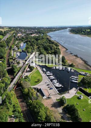 Aerial drone view of Bowling Basin and harbour Forth and Clyde Canal Stock Photo