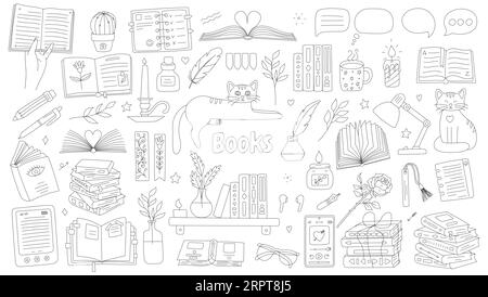 Set of books for reading lovers. Hand drawn open books, pile, stack, glasses, audiobook, ebook, books on shelf, cup of tea, cats. Black and white dood Stock Vector