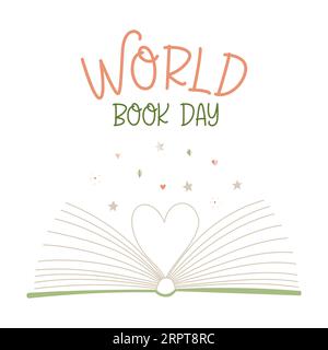 World book day greeting card. Open book with pages folded in the shape of a heart. Decoration for Literacy day. Simple Flat vector illustration isolat Stock Vector